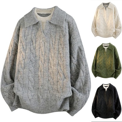 AT 美式復古POLO衫假兩件毛衣 麻花設計針織衫