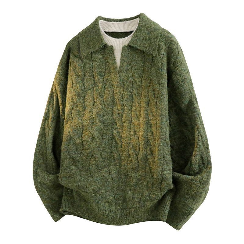 AT 美式復古POLO衫假兩件毛衣 麻花設計針織衫