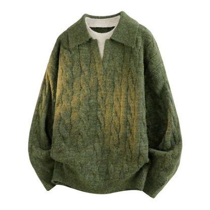 AT 美式復古POLO衫假兩件毛衣 麻花設計針織衫