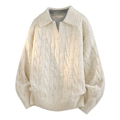 AT 美式復古POLO衫假兩件毛衣 麻花設計針織衫