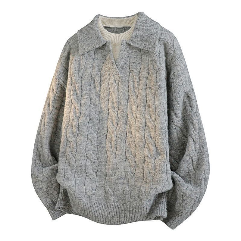 AT 美式復古POLO衫假兩件毛衣 麻花設計針織衫