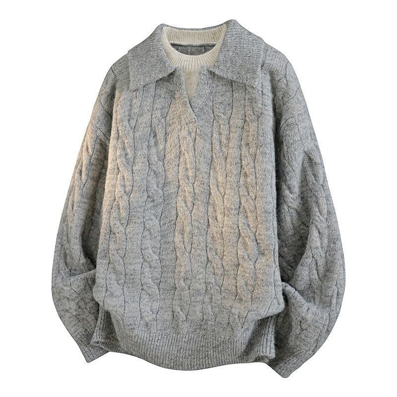 AT 美式復古POLO衫假兩件毛衣 麻花設計針織衫