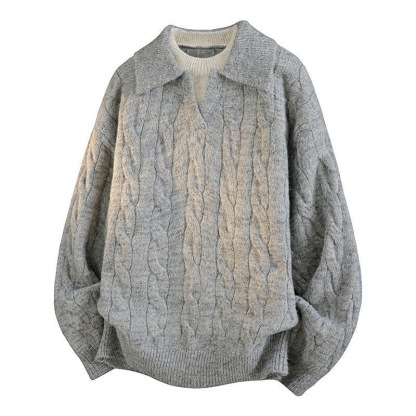 AT 美式復古POLO衫假兩件毛衣 麻花設計針織衫