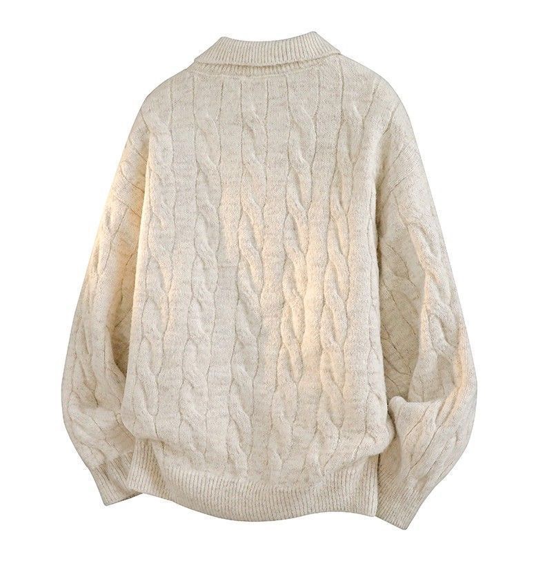 AT 美式復古POLO衫假兩件毛衣 麻花設計針織衫