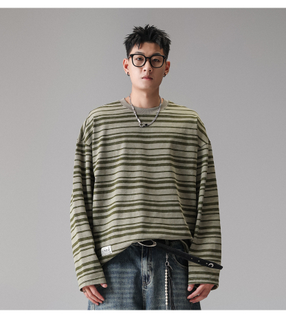 AT 美式復古條紋T恤 純棉垂順 巨親膚