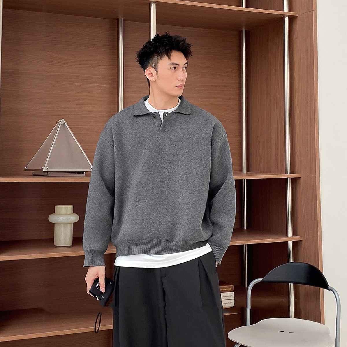 HT 秋冬POLO毛衣 針織衫 1顆釦設計｜簡約顯肩寬