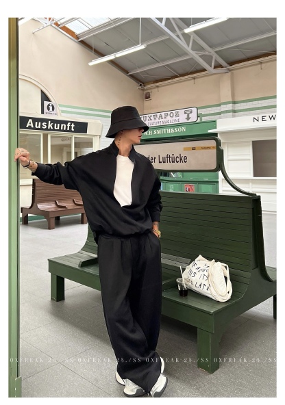 HT 秋冬款衛衣套裝｜假兩件立領上衣+鬆緊腰運動褲 寬鬆美式街頭風