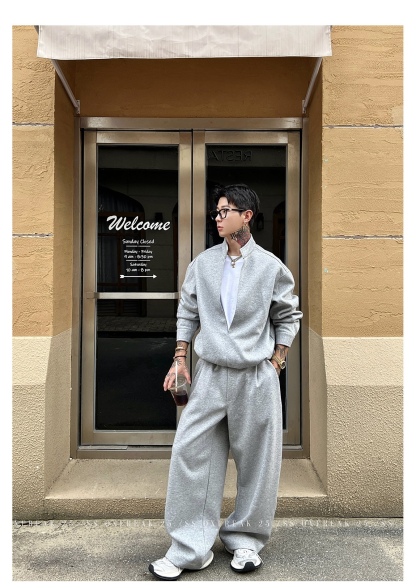 HT 秋冬款衛衣套裝｜假兩件立領上衣+鬆緊腰運動褲 寬鬆美式街頭風