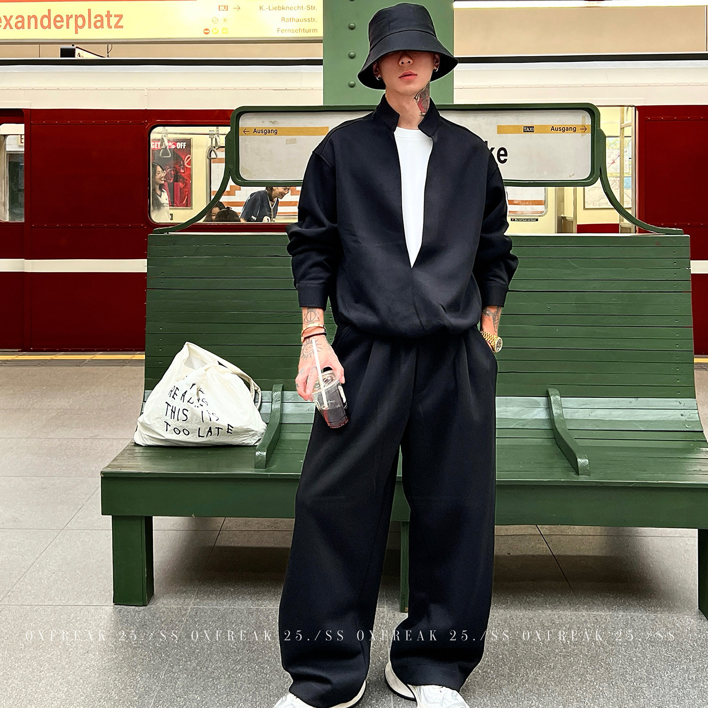 HT 秋冬款衛衣套裝｜假兩件立領上衣+鬆緊腰運動褲 寬鬆美式街頭風