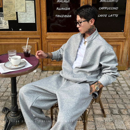 HT 秋冬款衛衣套裝｜假兩件立領上衣+鬆緊腰運動褲 寬鬆美式街頭風