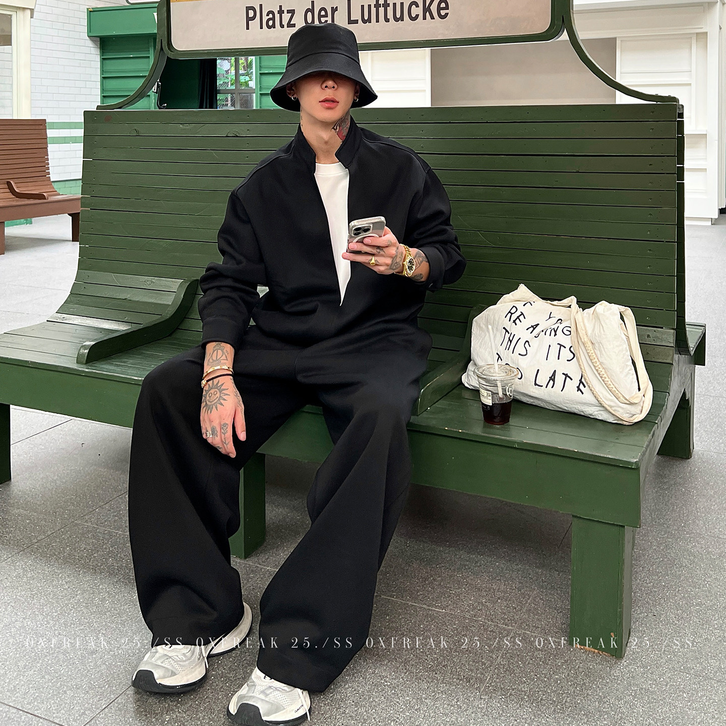 HT 秋冬款衛衣套裝｜假兩件立領上衣+鬆緊腰運動褲 寬鬆美式街頭風