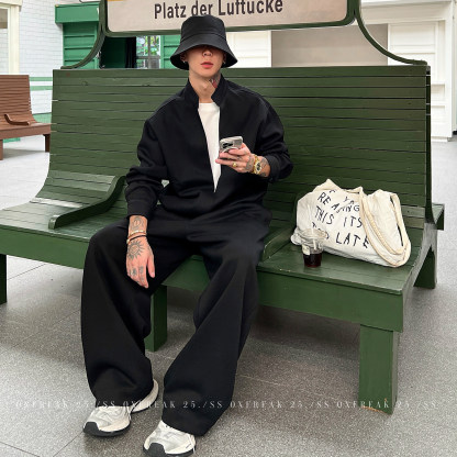 HT 秋冬款衛衣套裝｜假兩件立領上衣+鬆緊腰運動褲 寬鬆美式街頭風