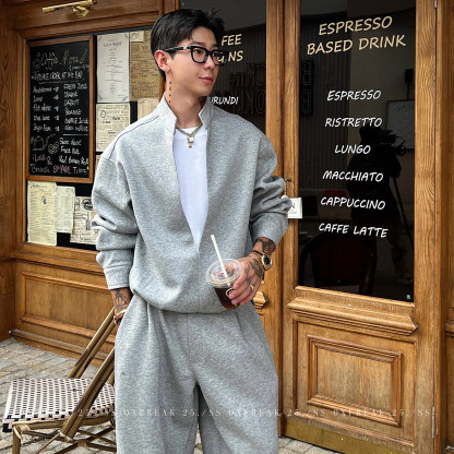 HT 秋冬款衛衣套裝｜假兩件立領上衣+鬆緊腰運動褲 寬鬆美式街頭風