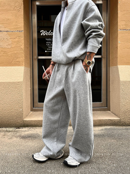 HT 秋冬款衛衣套裝｜假兩件立領上衣+鬆緊腰運動褲 寬鬆美式街頭風