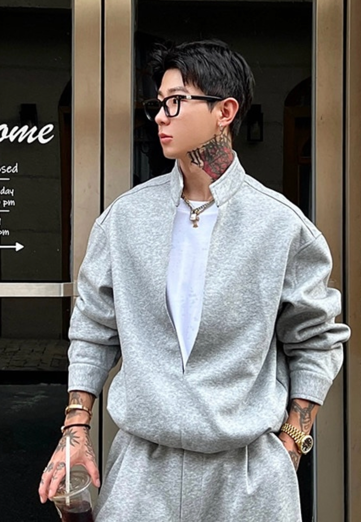 HT 秋冬款衛衣套裝｜假兩件立領上衣+鬆緊腰運動褲 寬鬆美式街頭風