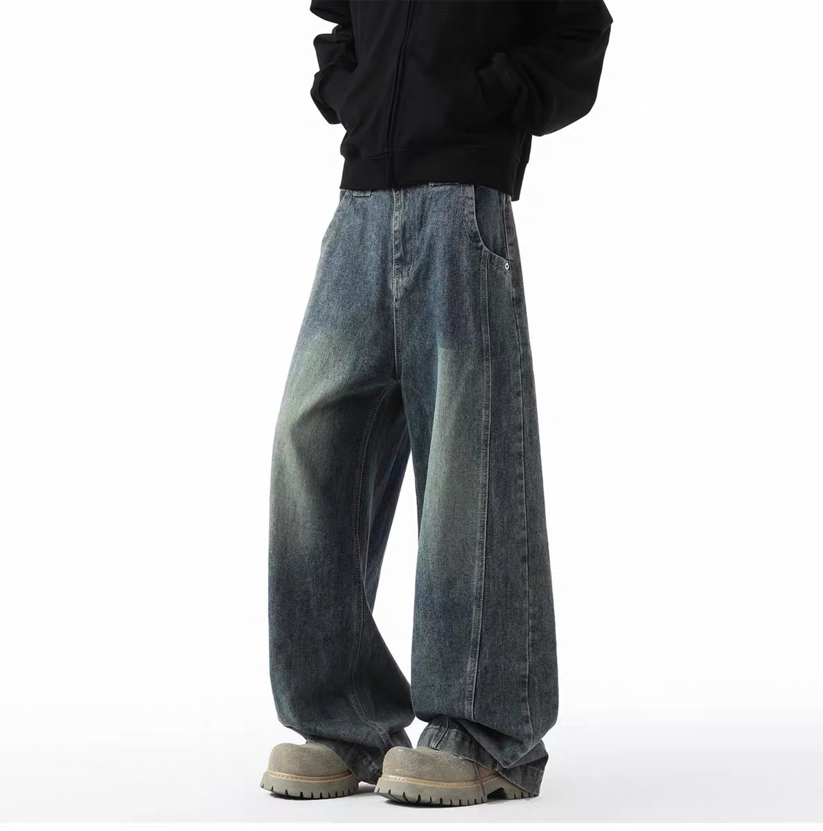 美式高街牛仔褲 直筒寬鬆斜切設計 復古風