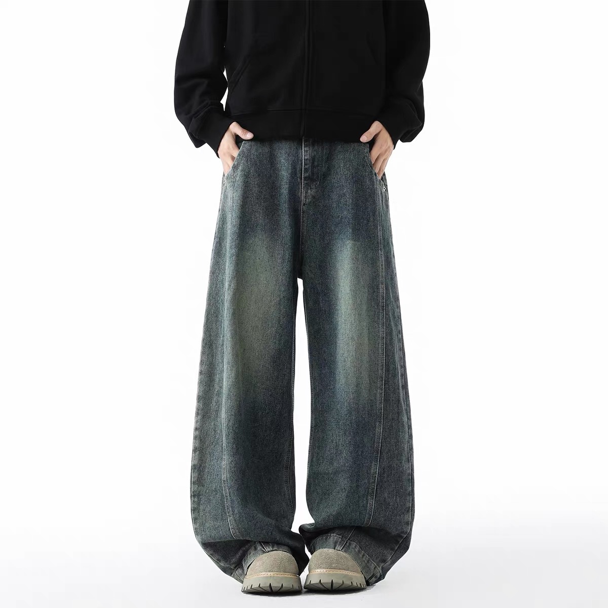 美式高街牛仔褲 直筒寬鬆斜切設計 復古風