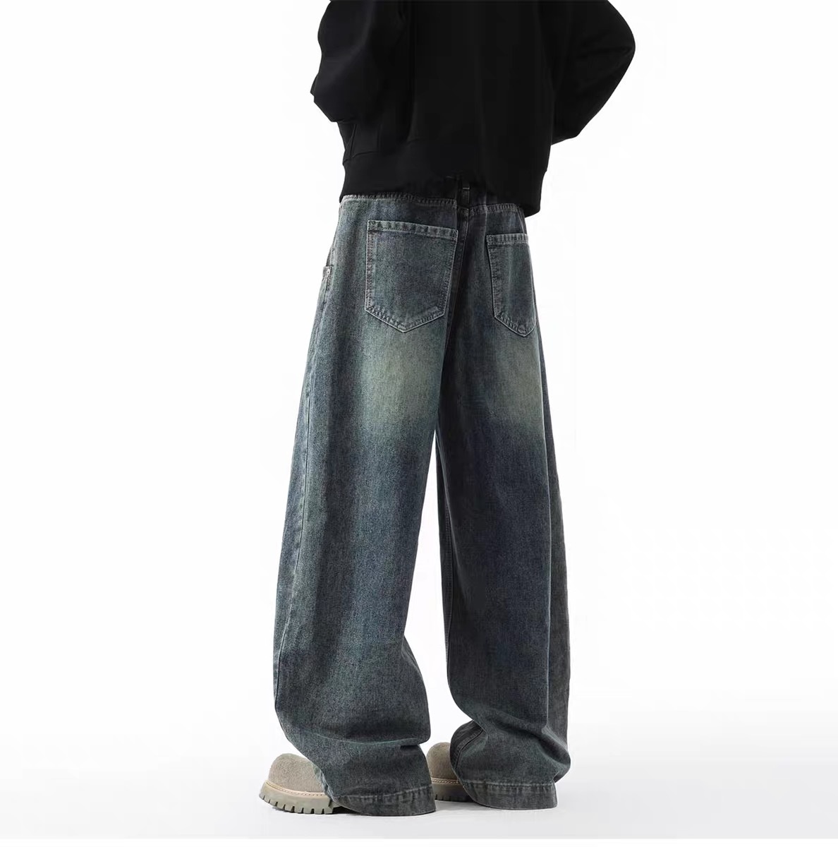 美式高街牛仔褲 直筒寬鬆斜切設計 復古風