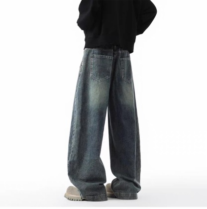 美式高街牛仔褲 直筒寬鬆斜切設計 復古風