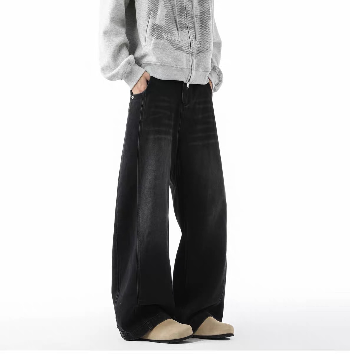 美式高街牛仔褲 直筒寬鬆斜切設計 復古風