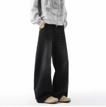 美式高街牛仔褲 直筒寬鬆斜切設計 復古風
