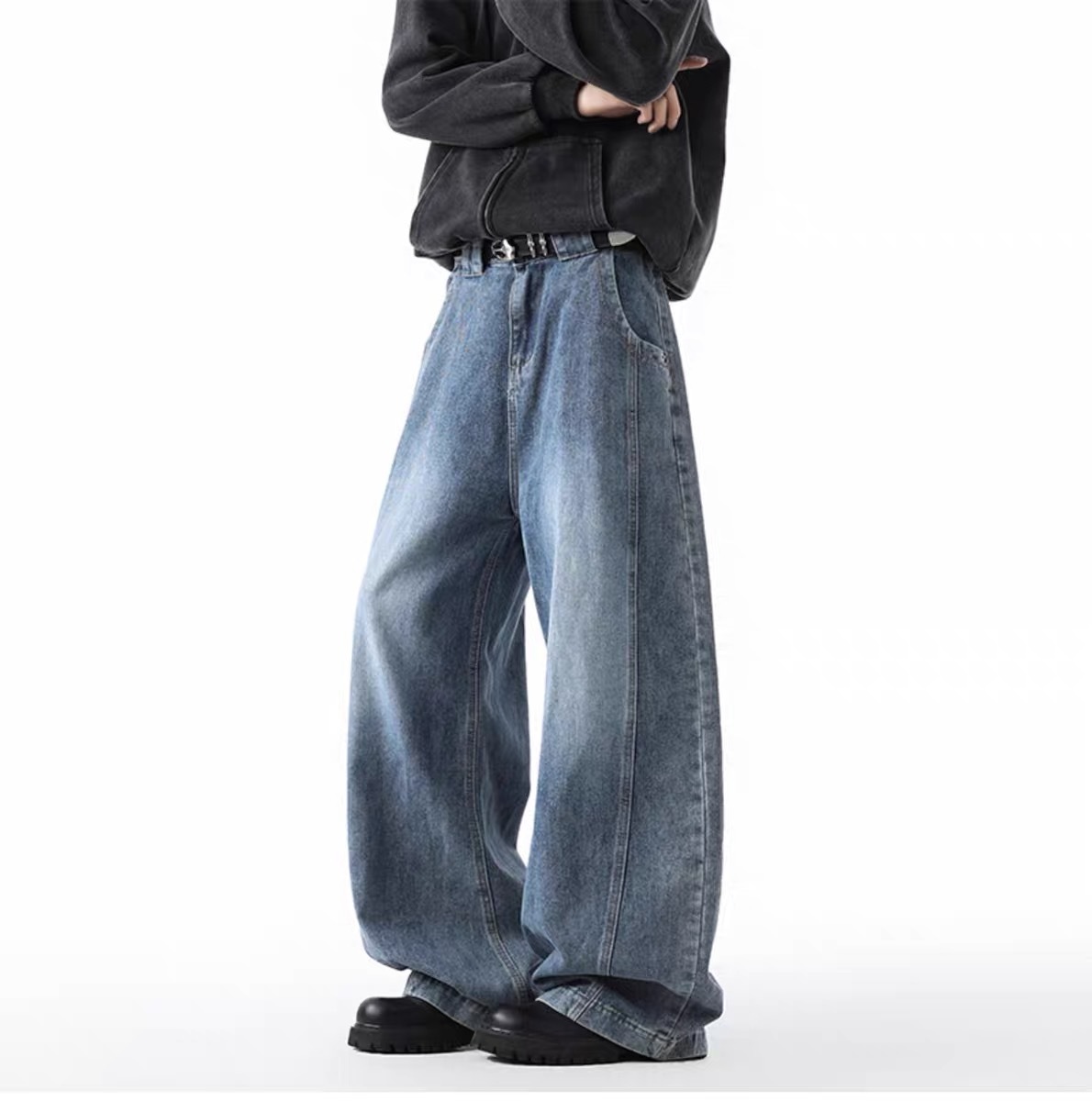 美式高街牛仔褲 直筒寬鬆斜切設計 復古風