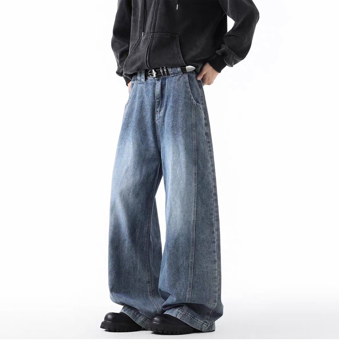 美式高街牛仔褲 直筒寬鬆斜切設計 復古風