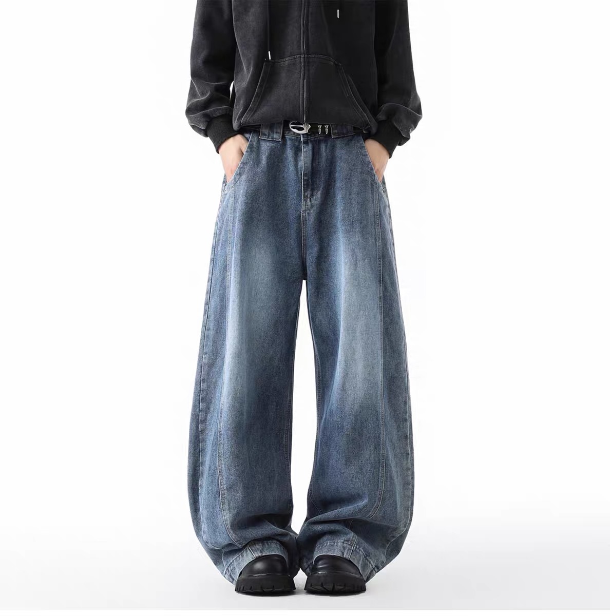 美式高街牛仔褲 直筒寬鬆斜切設計 復古風