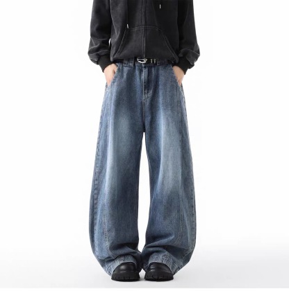 美式高街牛仔褲 直筒寬鬆斜切設計 復古風