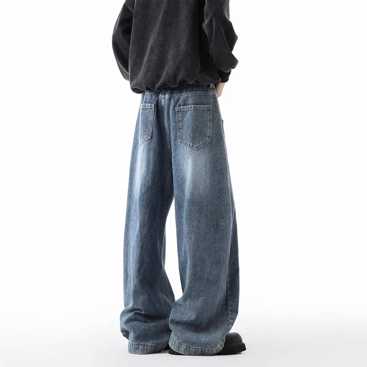 美式高街牛仔褲 直筒寬鬆斜切設計 復古風