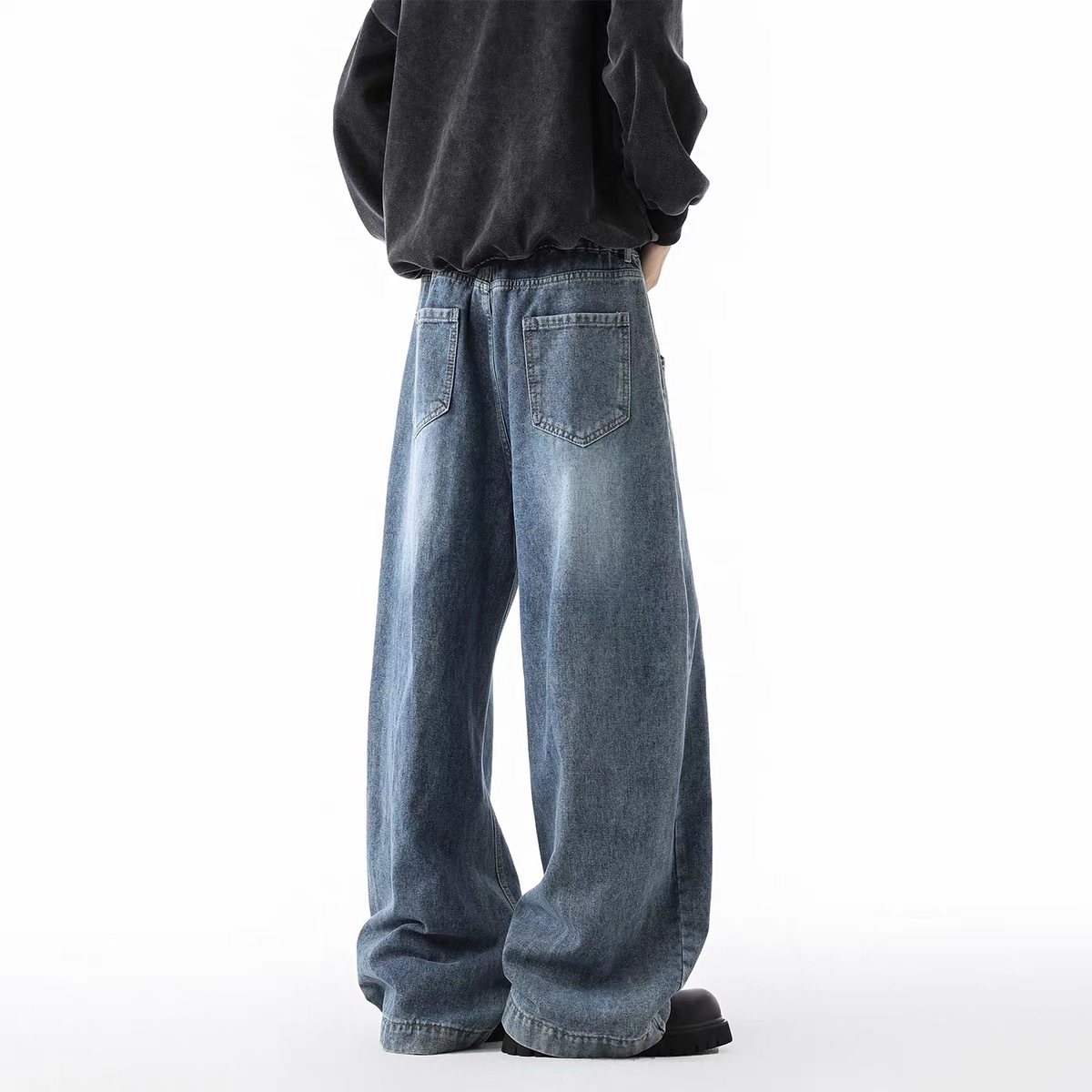 美式高街牛仔褲 直筒寬鬆斜切設計 復古風