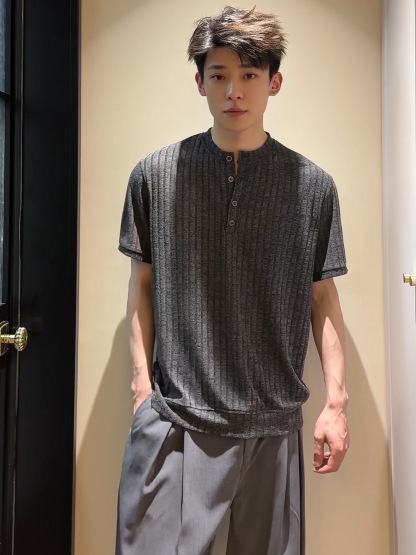 HT 男士亨利領上衣 痞帥老錢風 輕奢針織 透氣涼感 正肩TEE 