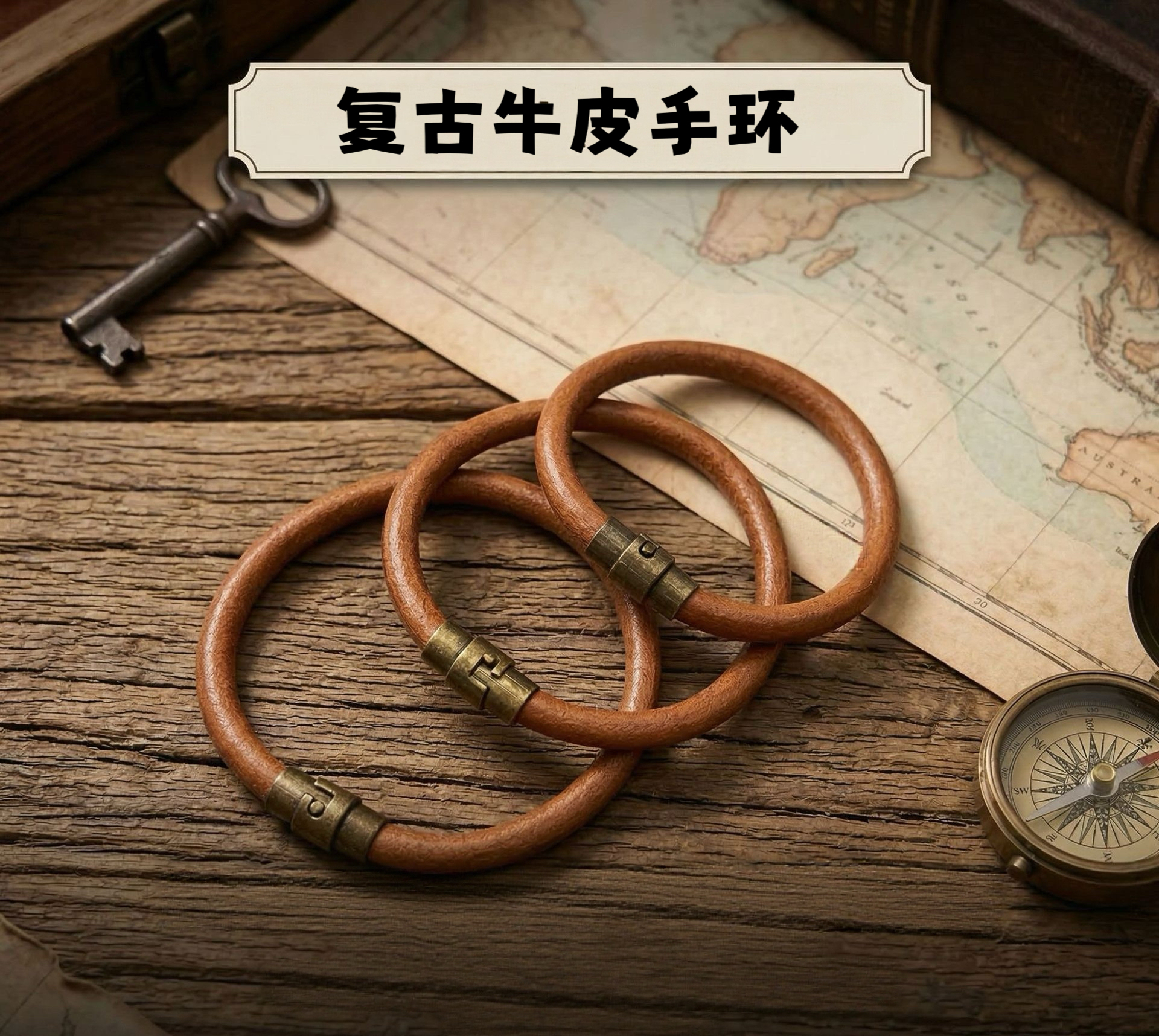 復古牛皮手環 磁吸環扣 質感在線 男士簡約手飾
