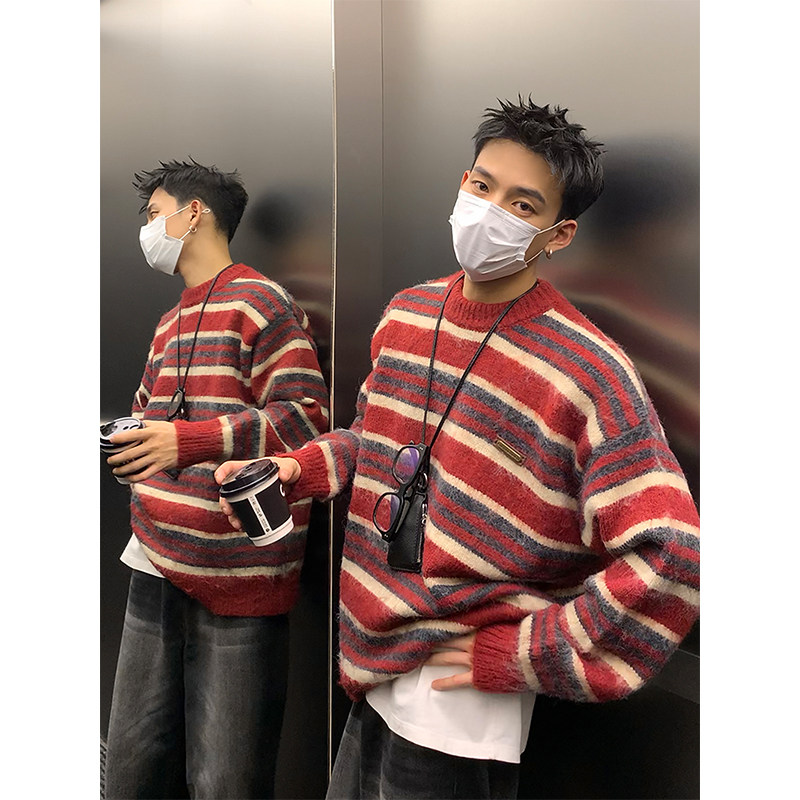 【新年必備】美式復古風 條紋撞色 圓領寬鬆針織毛衣