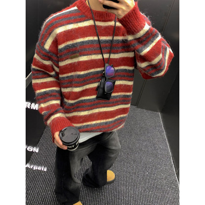 【新年必備】美式復古風 條紋撞色 圓領寬鬆針織毛衣