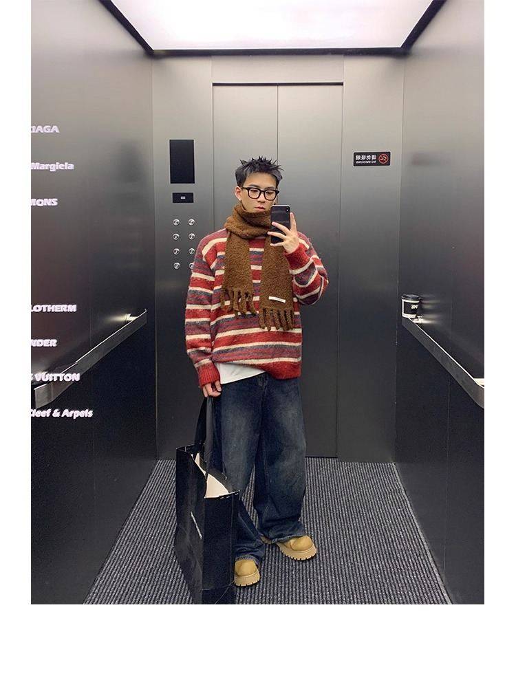 【新年必備】美式復古風 條紋撞色 圓領寬鬆針織毛衣