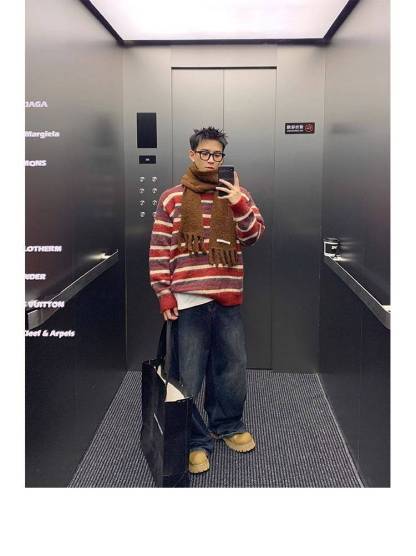 【新年必備】美式復古風 條紋撞色 圓領寬鬆針織毛衣