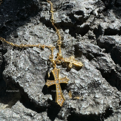 AKK 雙十字架鈦鋼項鍊 滿鑽設計 高質感搭配