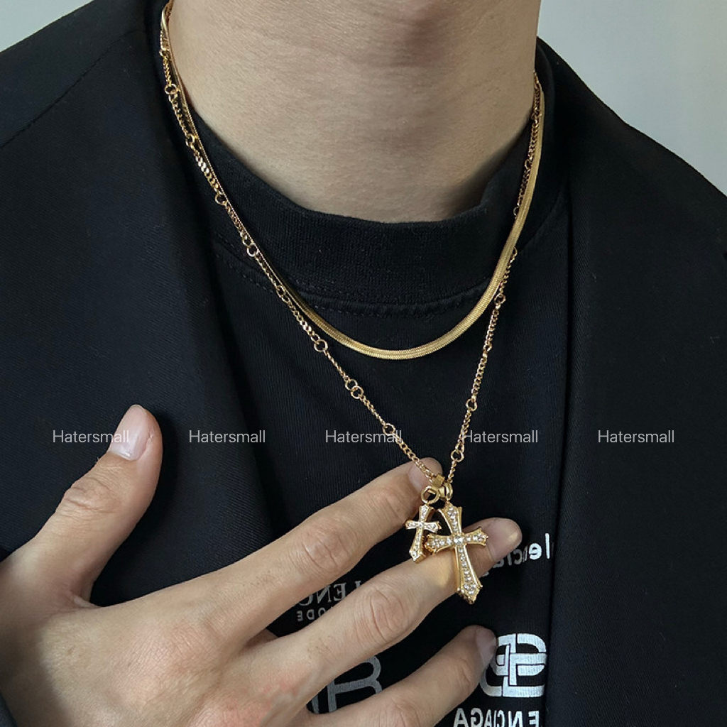 AKK 雙十字架鈦鋼項鍊 滿鑽設計 高質感搭配
