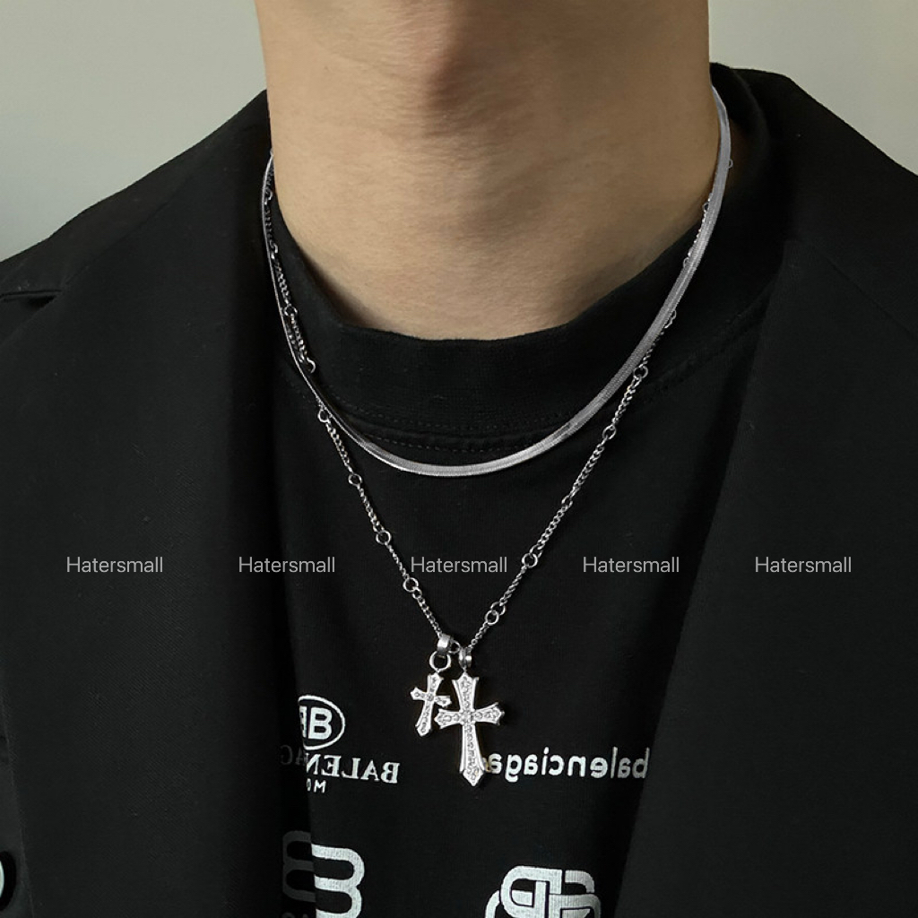 AKK 雙十字架鈦鋼項鍊 滿鑽設計 高質感搭配