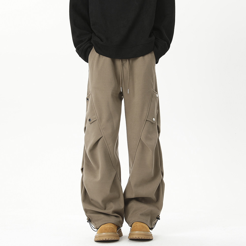 美式高街 秋冬重磅加厚工裝褲 褶皺闊腿褲