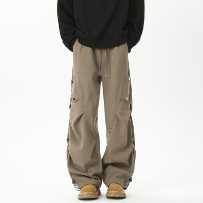 美式高街 秋冬重磅加厚工裝褲 褶皺闊腿褲