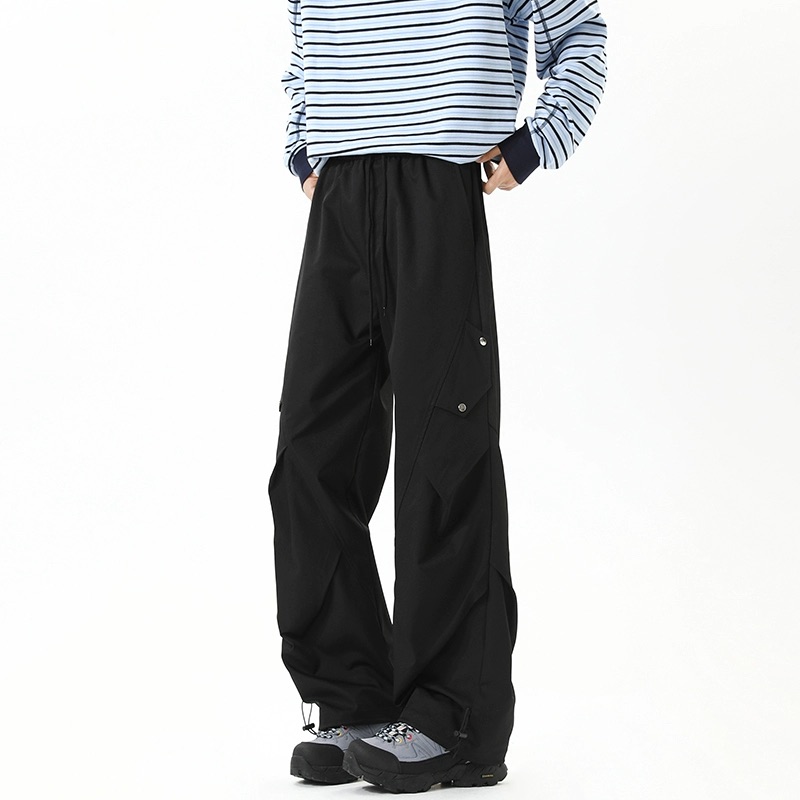 美式高街 秋冬重磅加厚工裝褲 褶皺闊腿褲