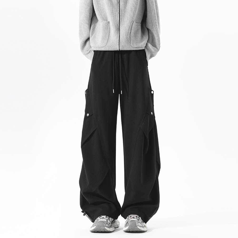 美式高街 秋冬重磅加厚工裝褲 褶皺闊腿褲