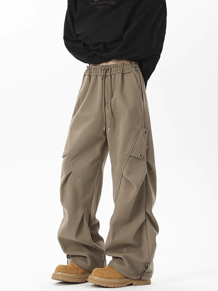 美式高街 秋冬重磅加厚工裝褲 褶皺闊腿褲