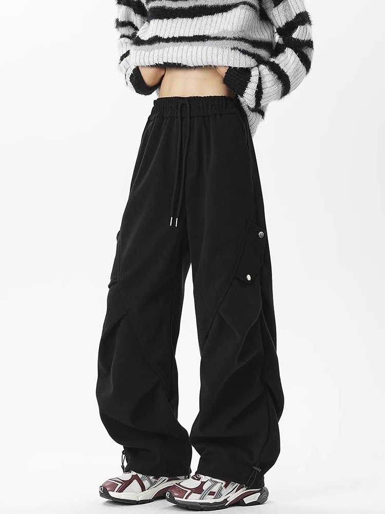 美式高街 秋冬重磅加厚工裝褲 褶皺闊腿褲