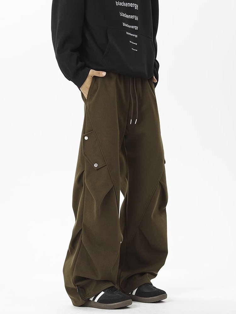 美式高街 秋冬重磅加厚工裝褲 褶皺闊腿褲