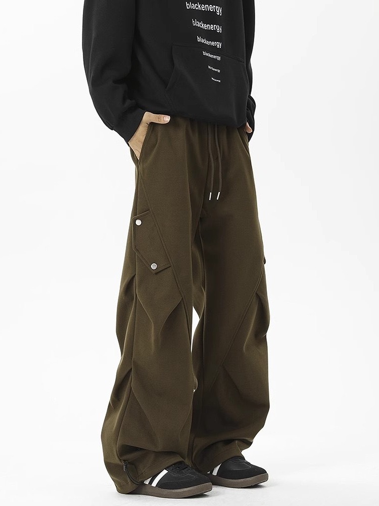 美式高街 秋冬重磅加厚工裝褲 褶皺闊腿褲