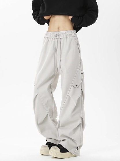 美式高街 秋冬重磅加厚工裝褲 褶皺闊腿褲