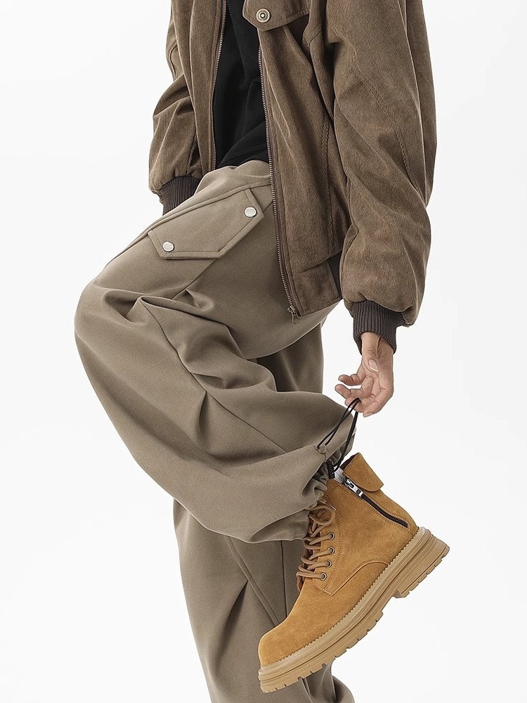 美式高街 秋冬重磅加厚工裝褲 褶皺闊腿褲